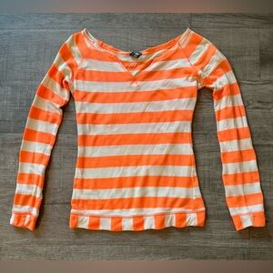 West We Surf Orange & Beige Striped V Neck Long Sleeve Pull Over Top Size 6